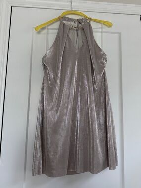 Metallic Pleated Halter Mini Dress - Silver